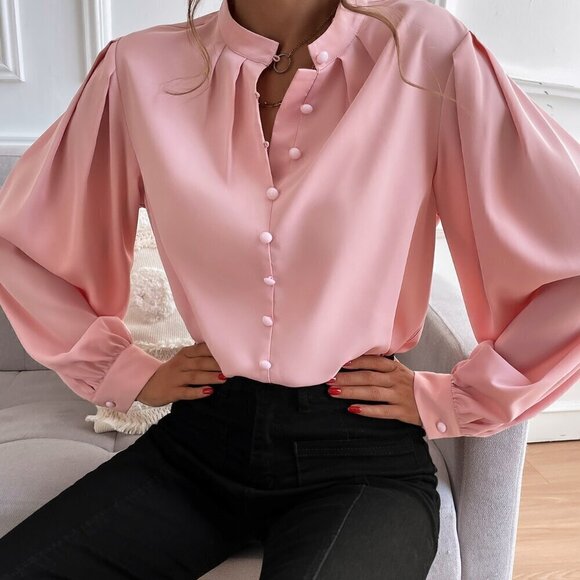 Baby Pink Elegant Women's Bishop Sleeve Button Up Blouse - Picture 1 of 6